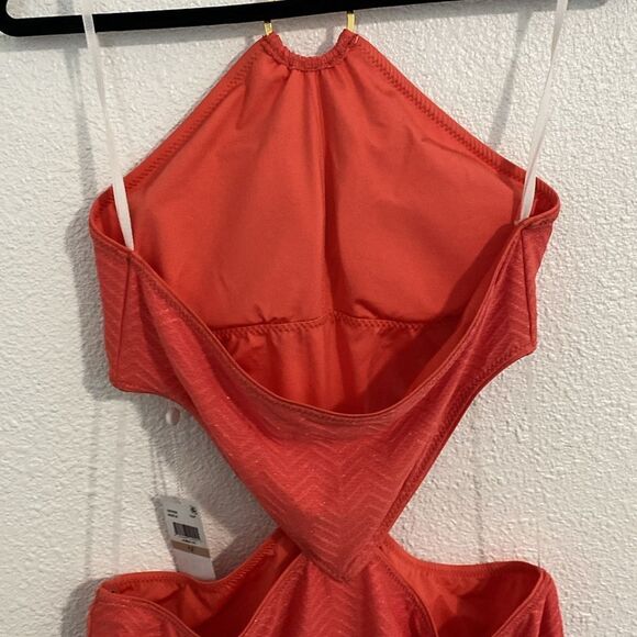 NWT-Trina Turk-Peach & gold- High Neck One Piece Swimsuit- side cut outs-Size 12 - Picture 11 of 16